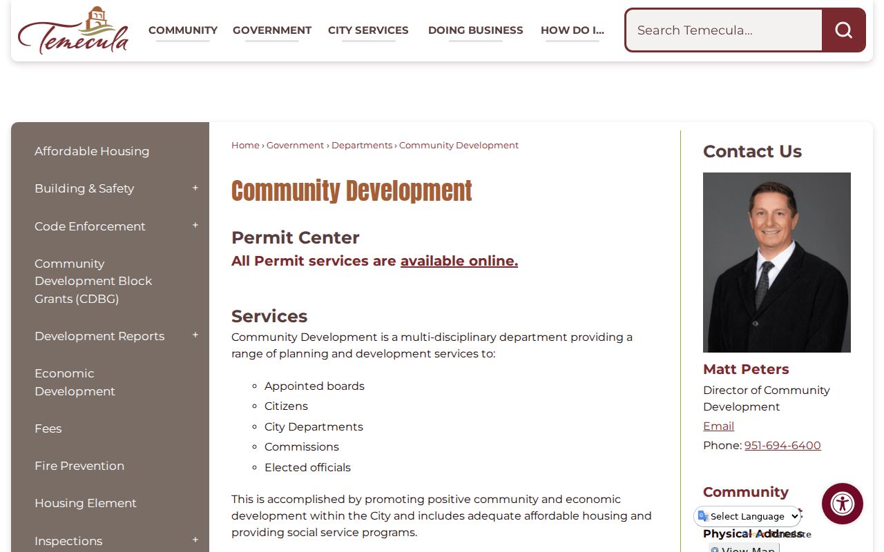 Temecula street directory Community Development permit contacts